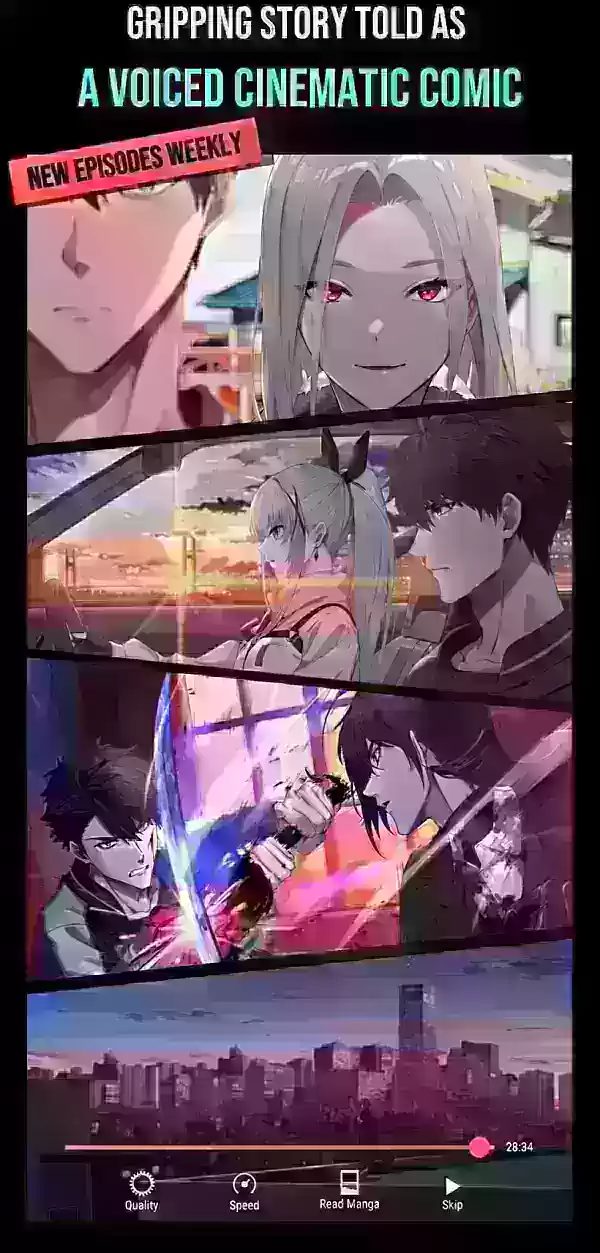 A screenshot of various comic panels saying that this is part of a game that features a story told through fully voiced cinematic comics.