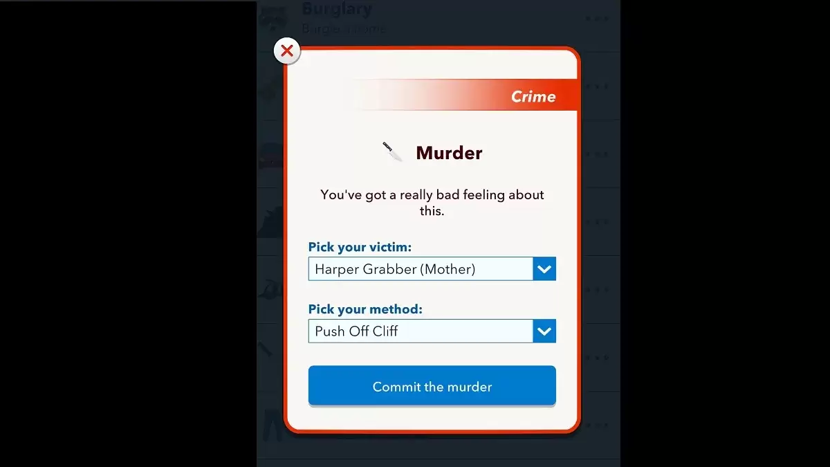 Menu de assassinato de Bitlife