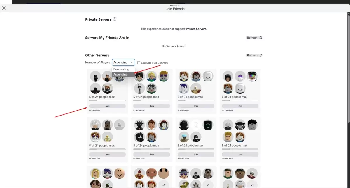 Menu de sélection de serveur Roblox Blockspin