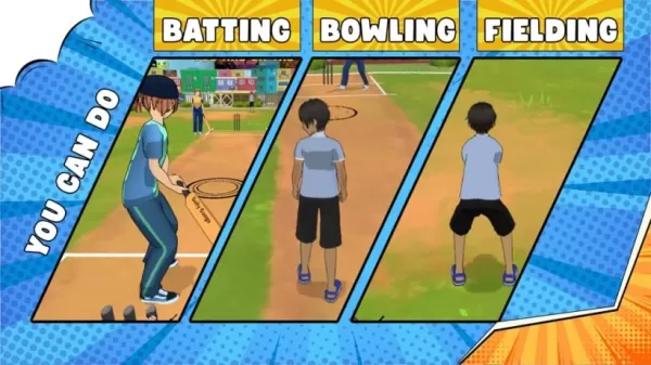 Gameplay screenshot showing batting, bowling, and fielding action in Gully Gangs