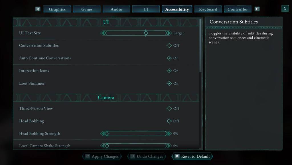 Avowed Accessibility Settings Menu Showing Subtitle Options
